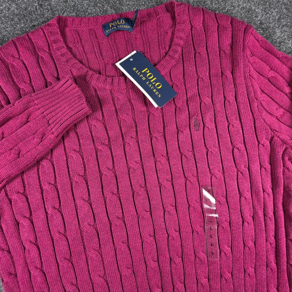 NWT Polo Ralph Lauren Cable Knit Sweater Womens L Magenta Pink Cotton Pony Logo